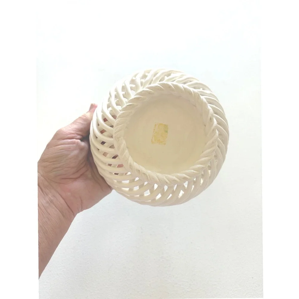Vintage White Ceramic Lattice Basket Woven Openwork Twisted Handle Decor
